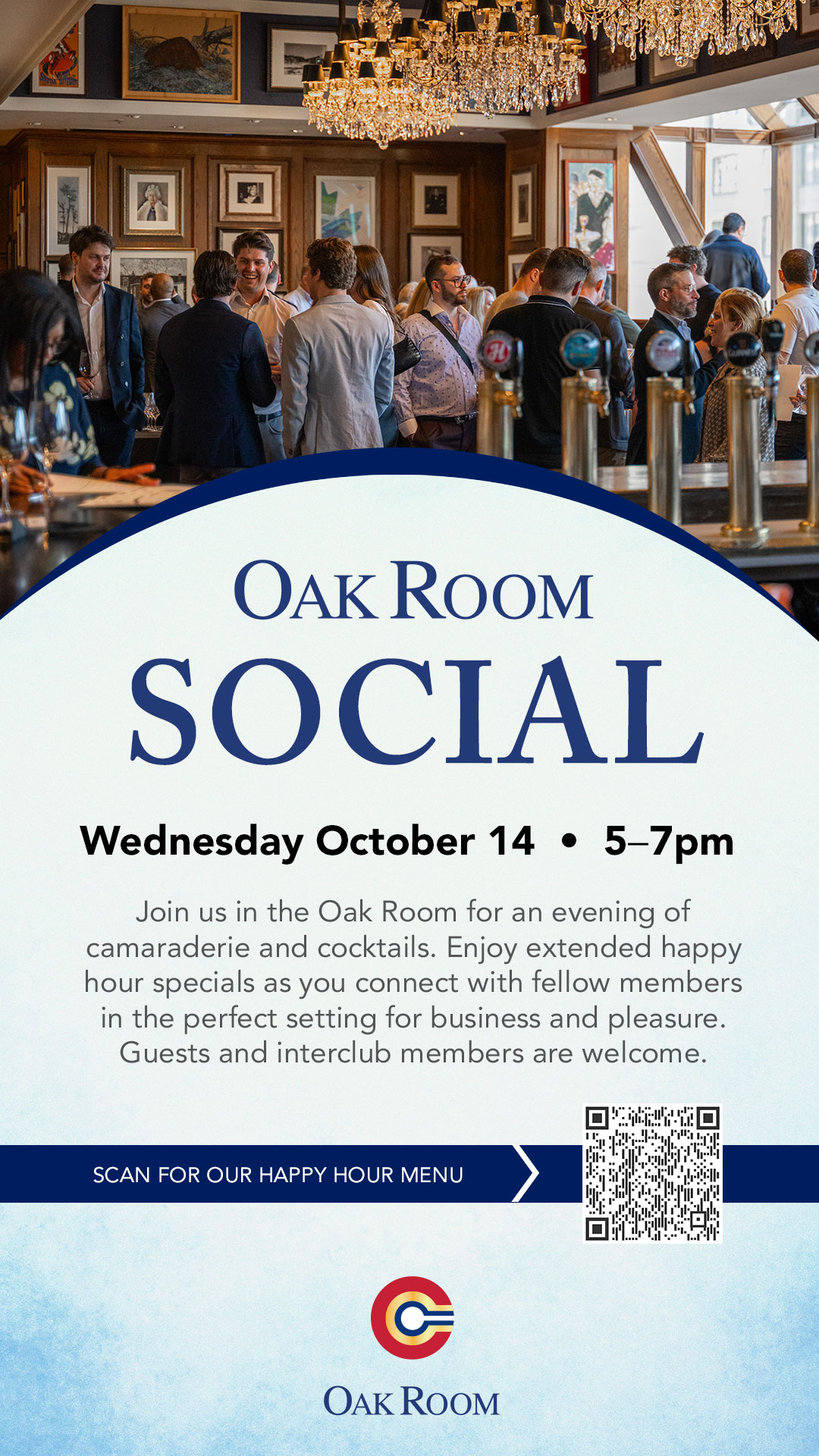 Toronto Athletic Club members connecting and socializing during an Oak Room networking event featuring cocktails, conversation, and member engagement.
