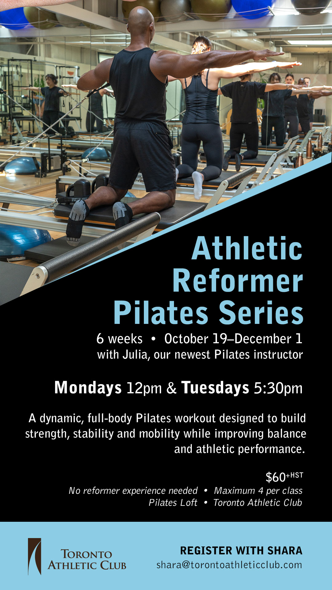 Athletic Reformer Pilates Series at the TAC - A dynamic, full-body Pilates workout designed to build strength, stability, and mobility while improving balance and athletic performance