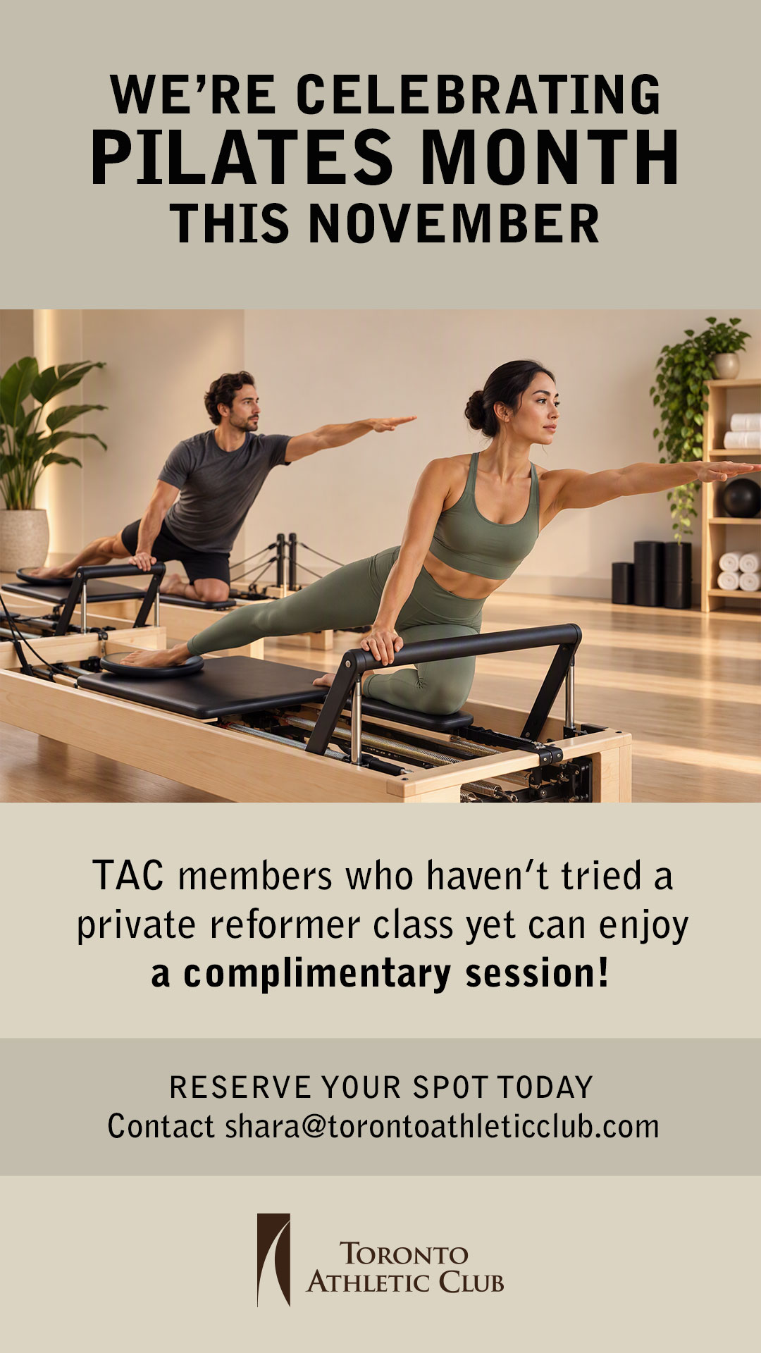 Two participants performing reformer Pilates exercises in a bright studio, extending one arm while balancing on reformer machines during a guided class.