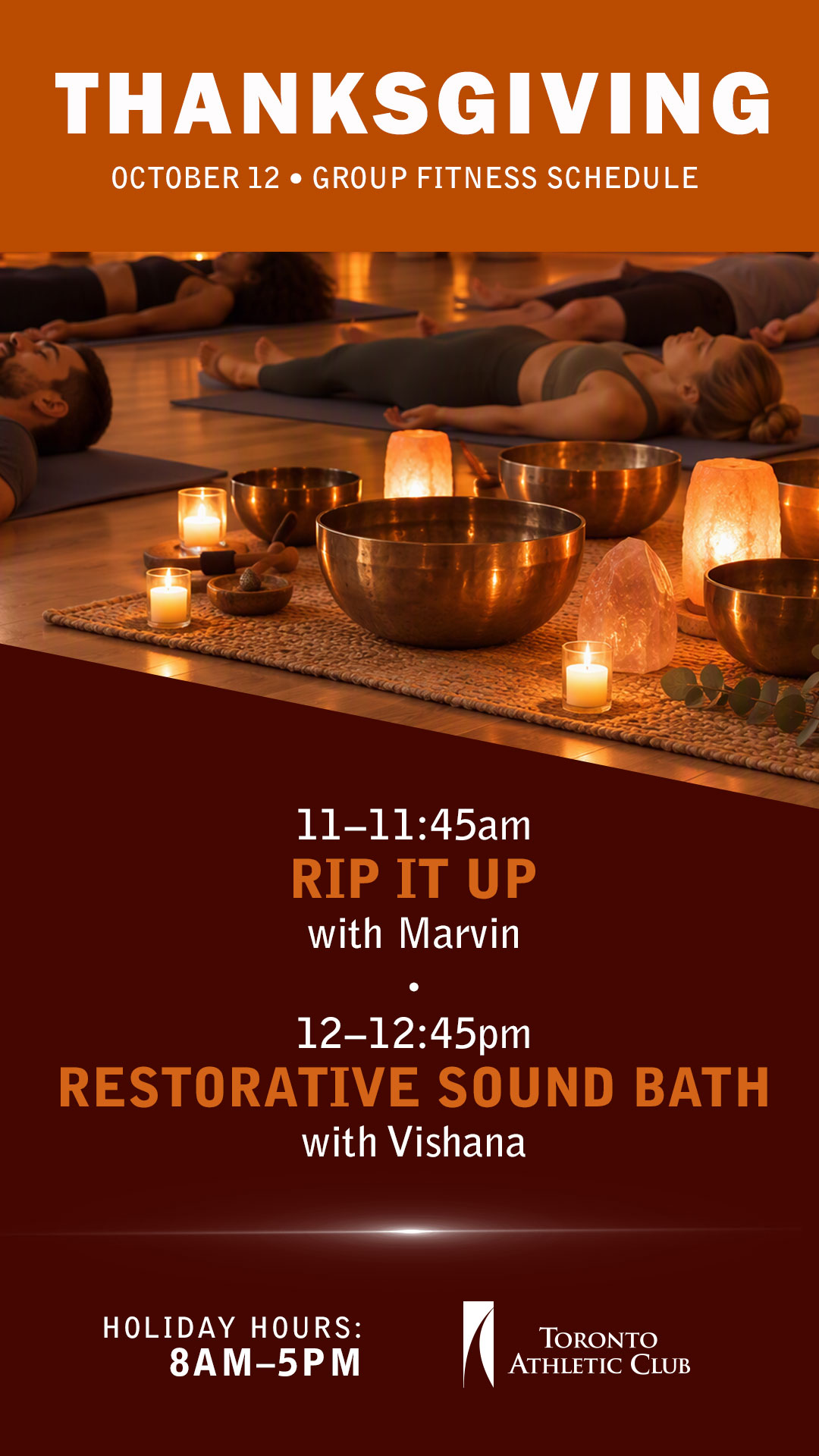 Toronto Athletic Club members participating in a restorative sound bath class, relaxing on yoga mats in a candlelit studio surrounded by singing bowls during Thanksgiving Monday wellness programming.