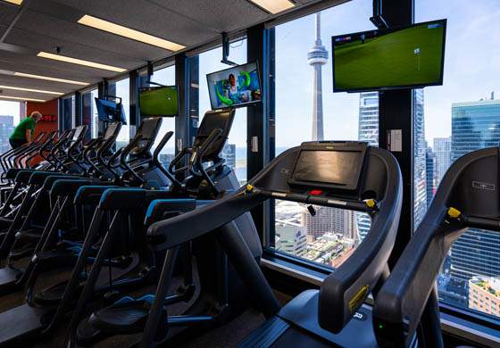 View from the treadmills in the gym in the Toronto Athletic Club overlooking downtown Toronto and the CN Tower