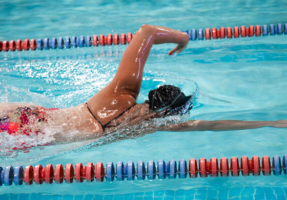 Fit young woman doing the front crawl in our penthouse pool at the Toronto Athletic Club