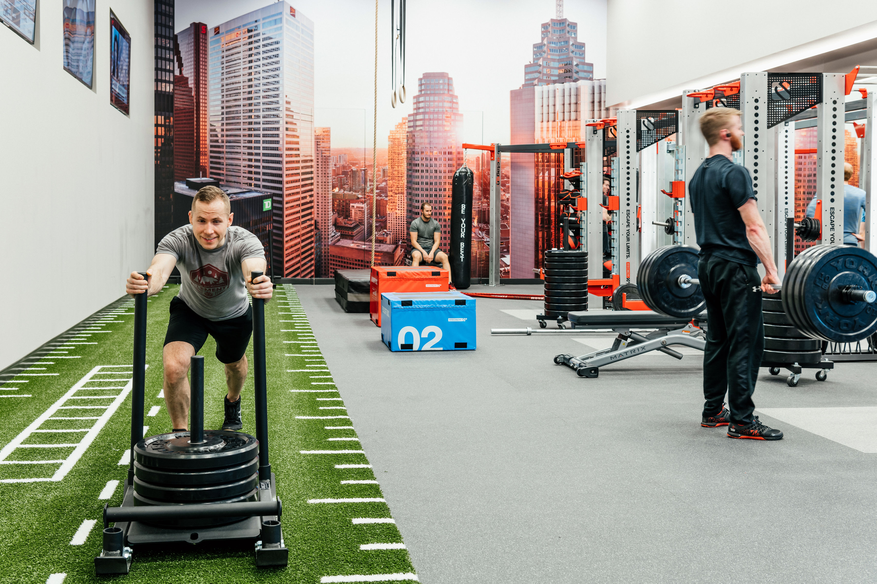 Isabelle, our Membership Advisor, doing a sled push on the turf in the Strength Lab at the Toronto Athletic Club