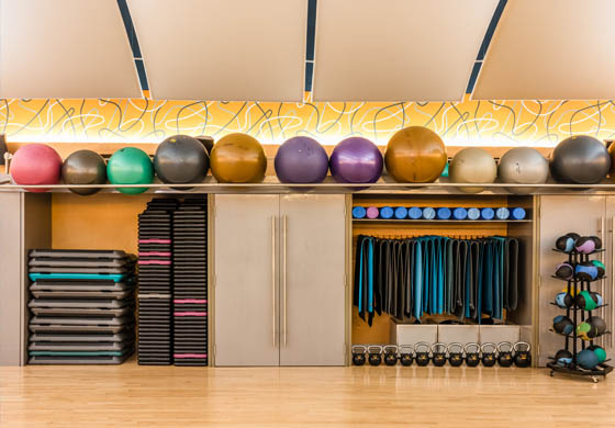 Studio one at the Toronto Athletic Club, equipment well organized along the back wall (includes balancing balls, mats, steps, weights, and more)