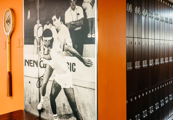 Mural of Clive Caldwell, CEO of the Cambridge Group of Clubs, when he played squash professionally